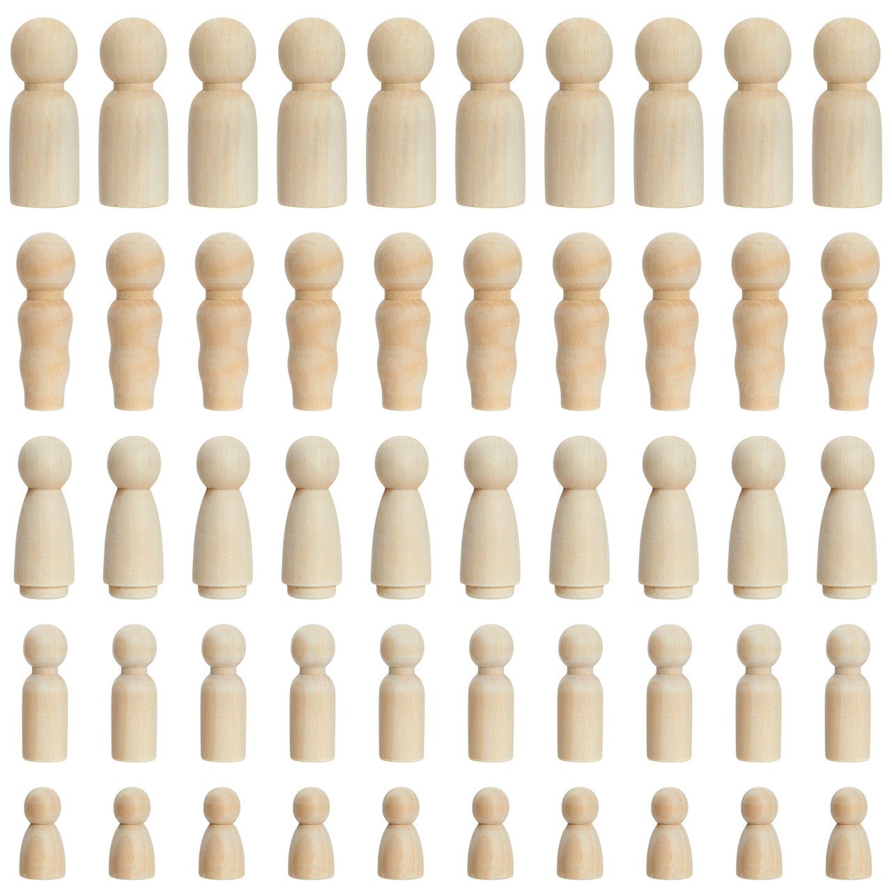 Set of 50 Unfinished Wood Peg Dolls Family, Wooden People for Crafts, Dollhouse Figures (5 Sizes)